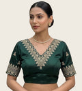 Women's Satin Embroidered Half sleeve V-Neck Padded Readymade Blouse (Dark Green, Size 38 - Self-Alterable 36�40)