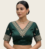 Women's Satin Embroidered Half sleeve V-Neck Padded Readymade Blouse (Dark Green, Size 38 - Self-Alterable 36�40)
