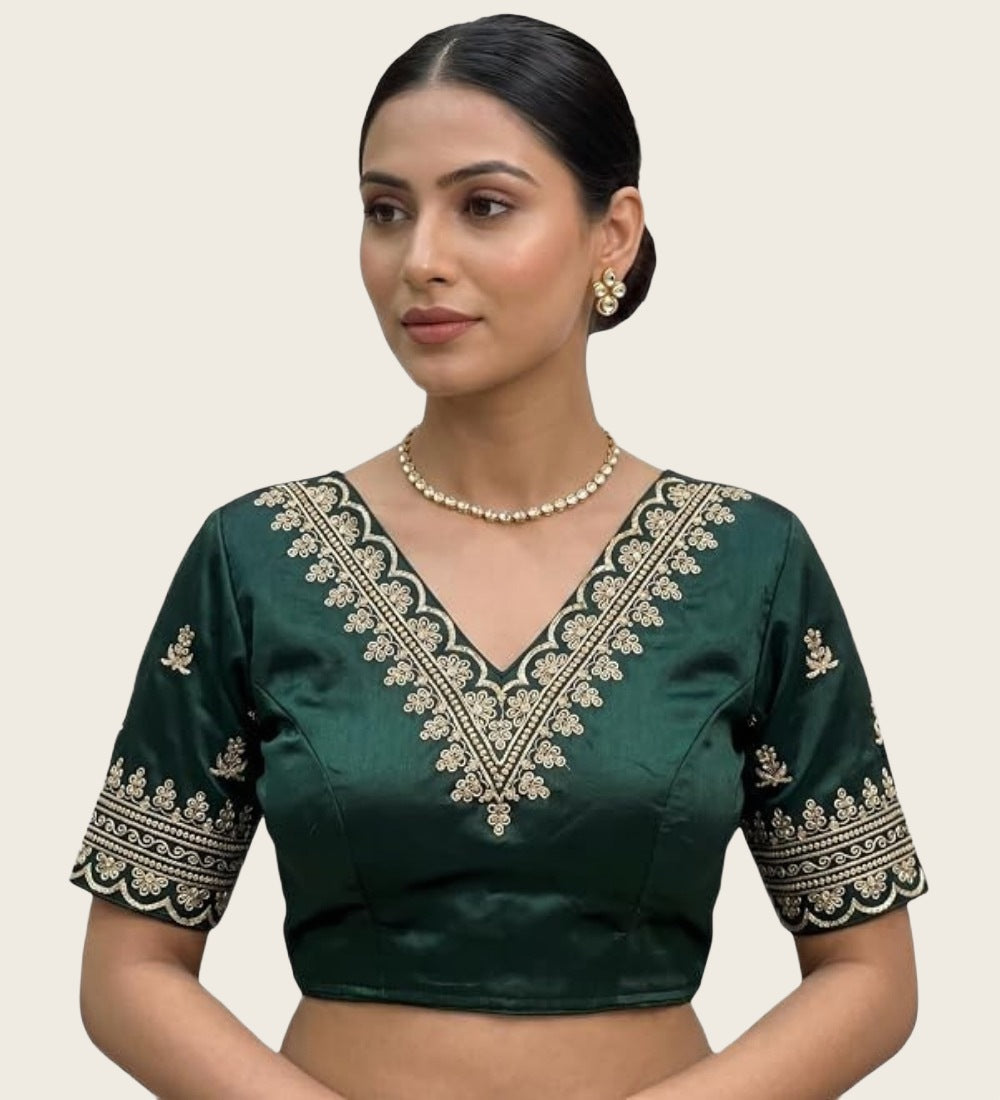Women's Satin Embroidered Half sleeve V-Neck Padded Readymade Blouse (Dark Green, Size 38 - Self-Alterable 36�40)