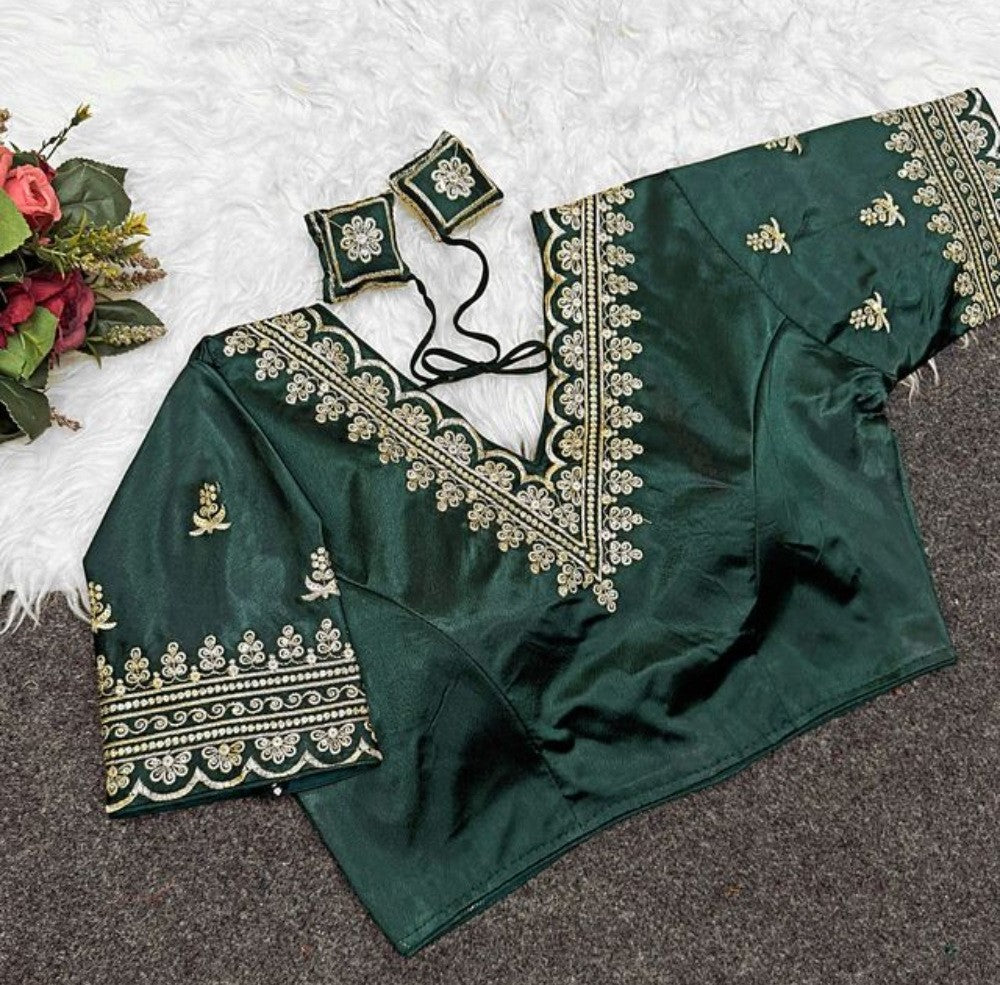 Women's Satin Embroidered Half sleeve V-Neck Padded Readymade Blouse (Dark Green, Size 38 - Self-Alterable 36�40)