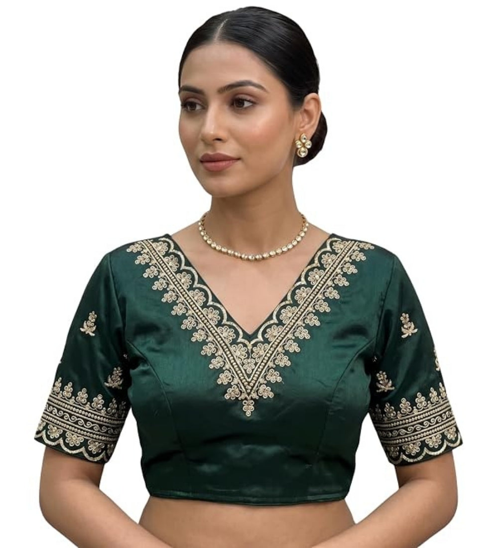 Women's Satin Embroidered Half sleeve V-Neck Padded Readymade Blouse (Dark Green, Size 38 - Self-Alterable 36�40)