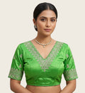 Women's Satin Embroidered Half sleeve V-Neck Padded Readymade Blouse (Light Green, Size 38 - Self-Alterable 36�40)