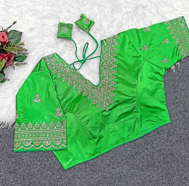 Women's Satin Embroidered Half sleeve V-Neck Padded Readymade Blouse (Light Green, Size 38 - Self-Alterable 36�40)