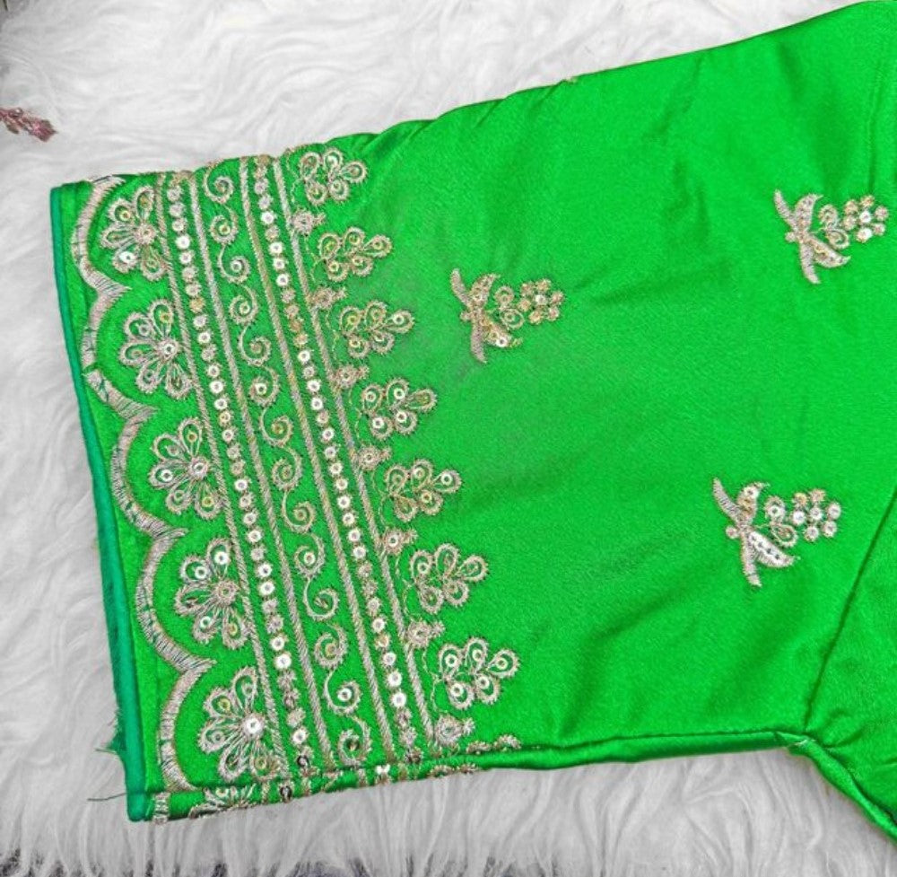 Women's Satin Embroidered Half sleeve V-Neck Padded Readymade Blouse (Light Green, Size 38 - Self-Alterable 36�40)