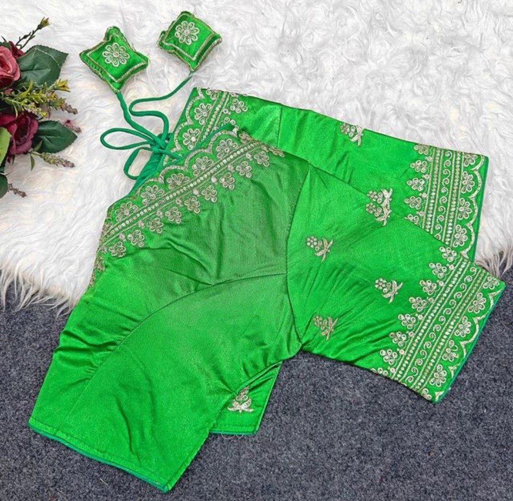 Women's Satin Embroidered Half sleeve V-Neck Padded Readymade Blouse (Light Green, Size 38 - Self-Alterable 36�40)