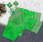 Women's Satin Embroidered Half sleeve V-Neck Padded Readymade Blouse (Light Green, Size 38 - Self-Alterable 36�40)