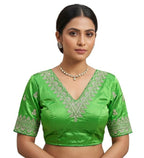 Women's Satin Embroidered Half sleeve V-Neck Padded Readymade Blouse (Light Green, Size 38 - Self-Alterable 36�40)