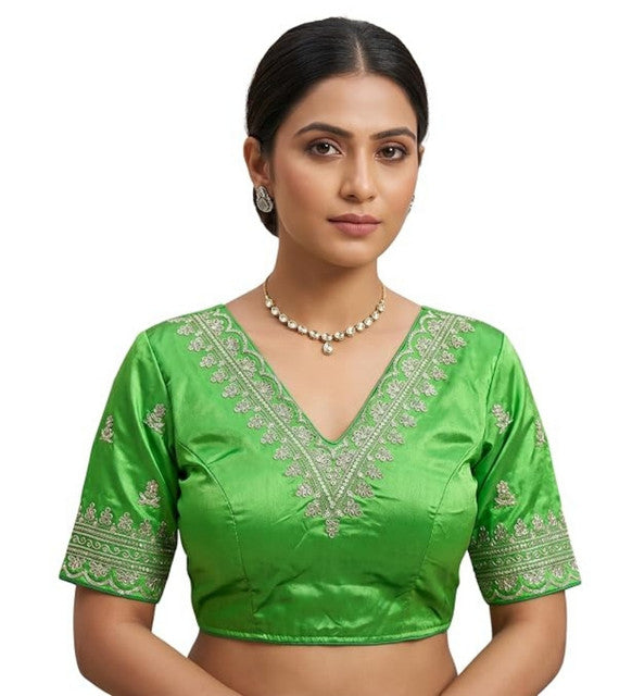 Women's Satin Embroidered Half sleeve V-Neck Padded Readymade Blouse (Light Green, Size 38 - Self-Alterable 36�40)