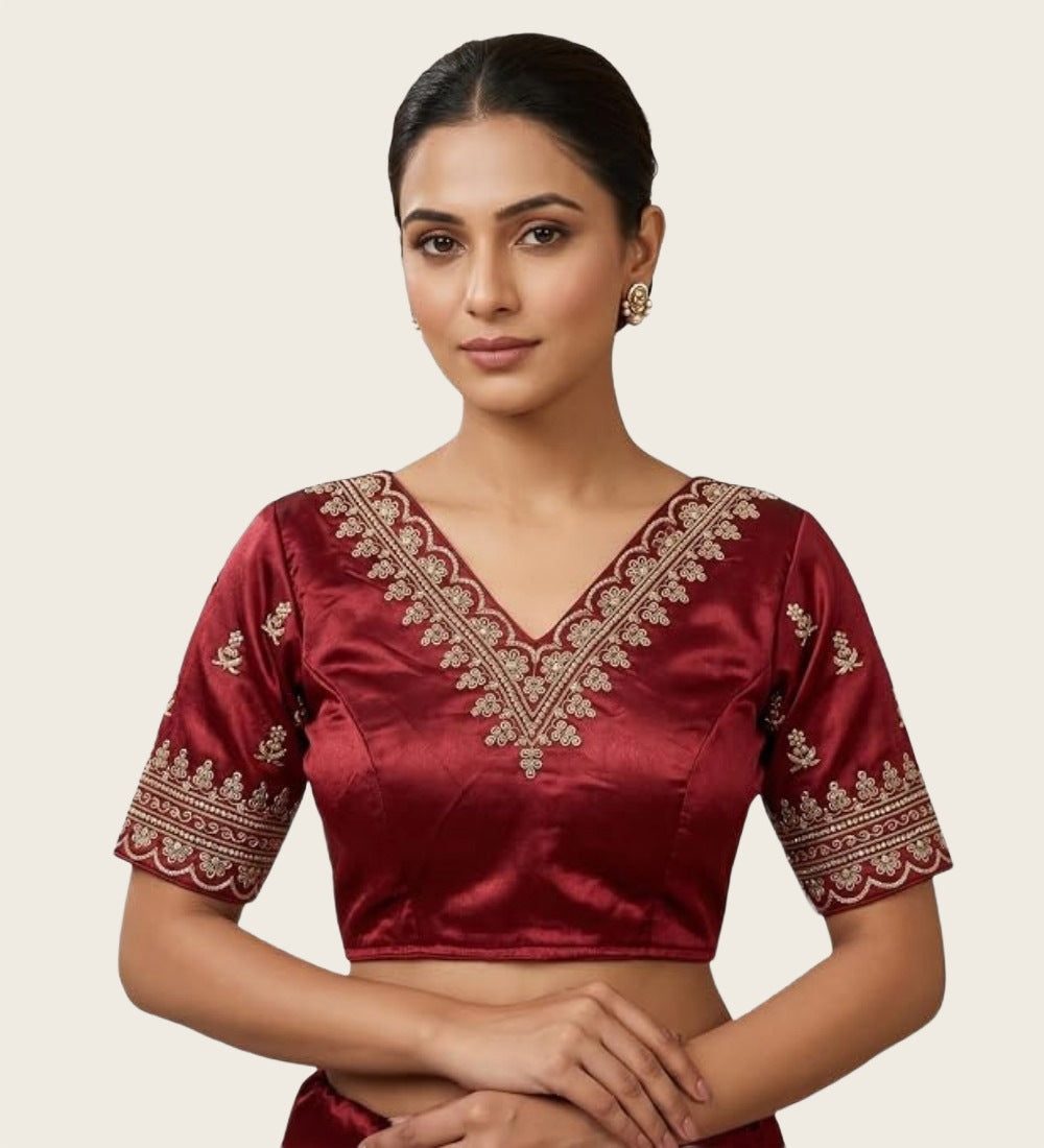Women's Satin Embroidered Half sleeve V-Neck Padded Readymade Blouse (Maroon, Size 38 - Self-Alterable 36�40)