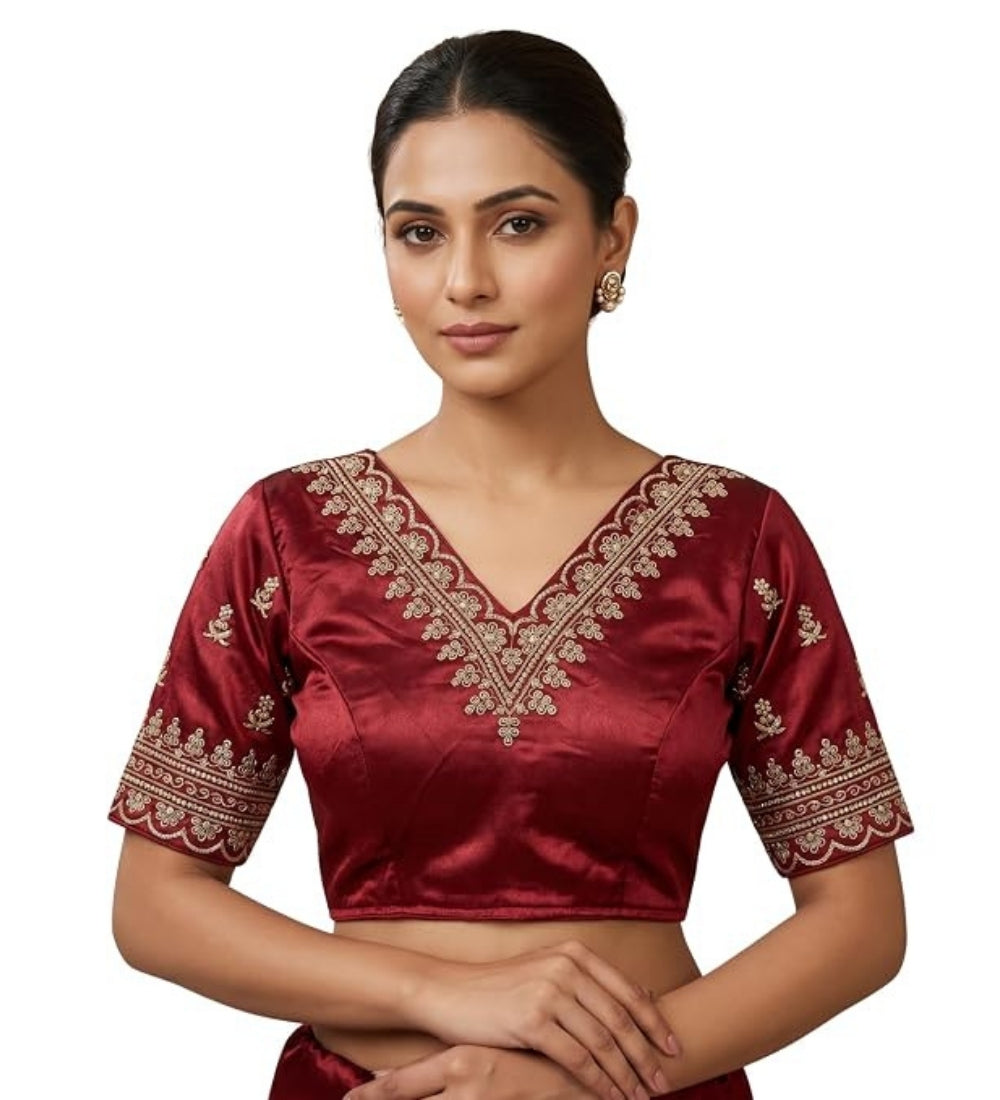 Women's Satin Embroidered Half sleeve V-Neck Padded Readymade Blouse (Maroon, Size 38 - Self-Alterable 36�40)