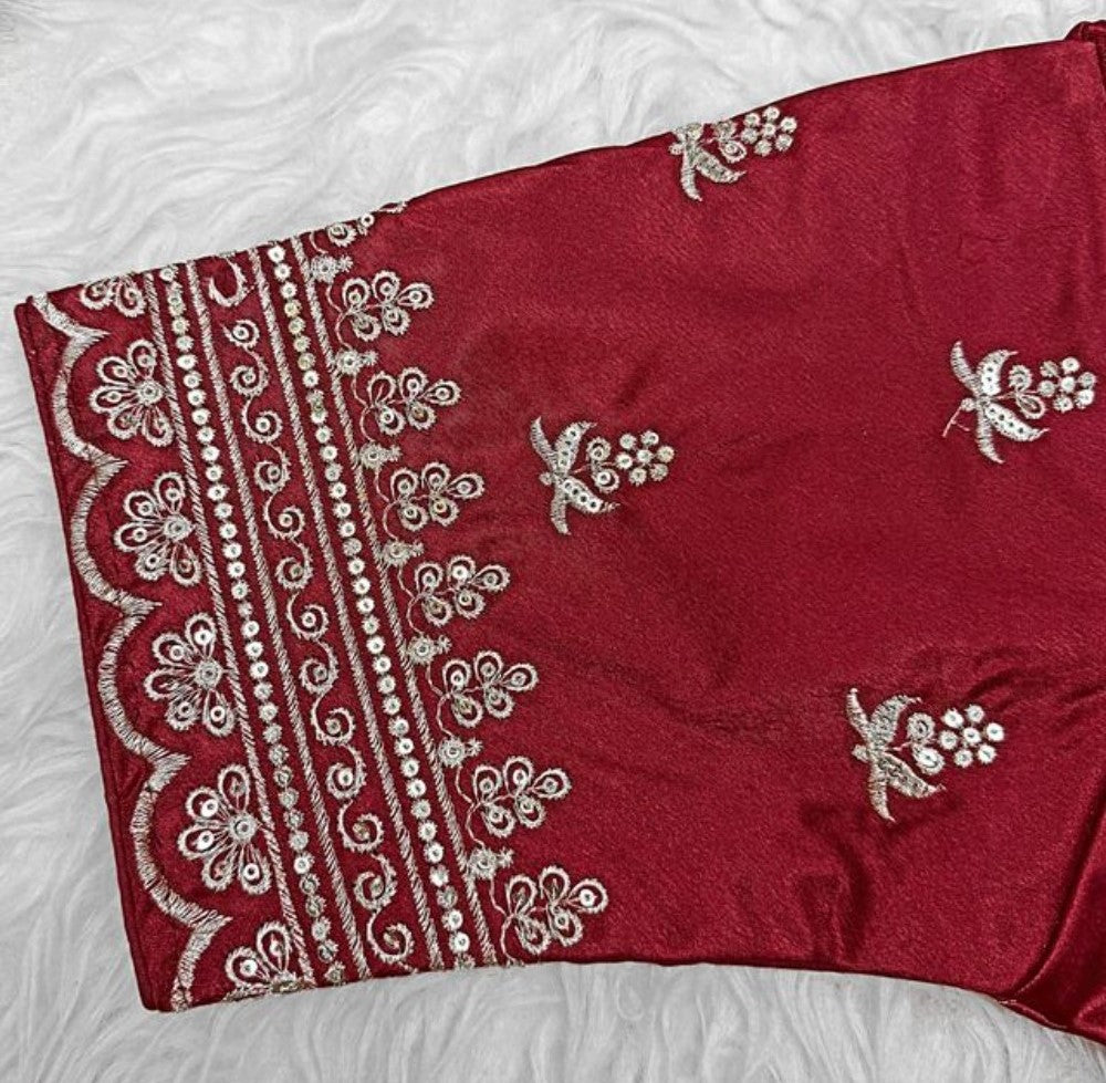 Women's Satin Embroidered Half sleeve V-Neck Padded Readymade Blouse (Maroon, Size 38 - Self-Alterable 36�40)