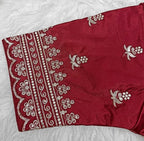 Women's Satin Embroidered Half sleeve V-Neck Padded Readymade Blouse (Maroon, Size 38 - Self-Alterable 36�40)