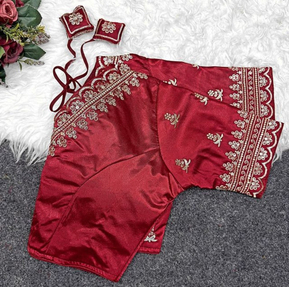 Women's Satin Embroidered Half sleeve V-Neck Padded Readymade Blouse (Maroon, Size 38 - Self-Alterable 36�40)