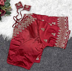 Women's Satin Embroidered Half sleeve V-Neck Padded Readymade Blouse (Maroon, Size 38 - Self-Alterable 36�40)