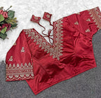 Women's Satin Embroidered Half sleeve V-Neck Padded Readymade Blouse (Maroon, Size 38 - Self-Alterable 36�40)
