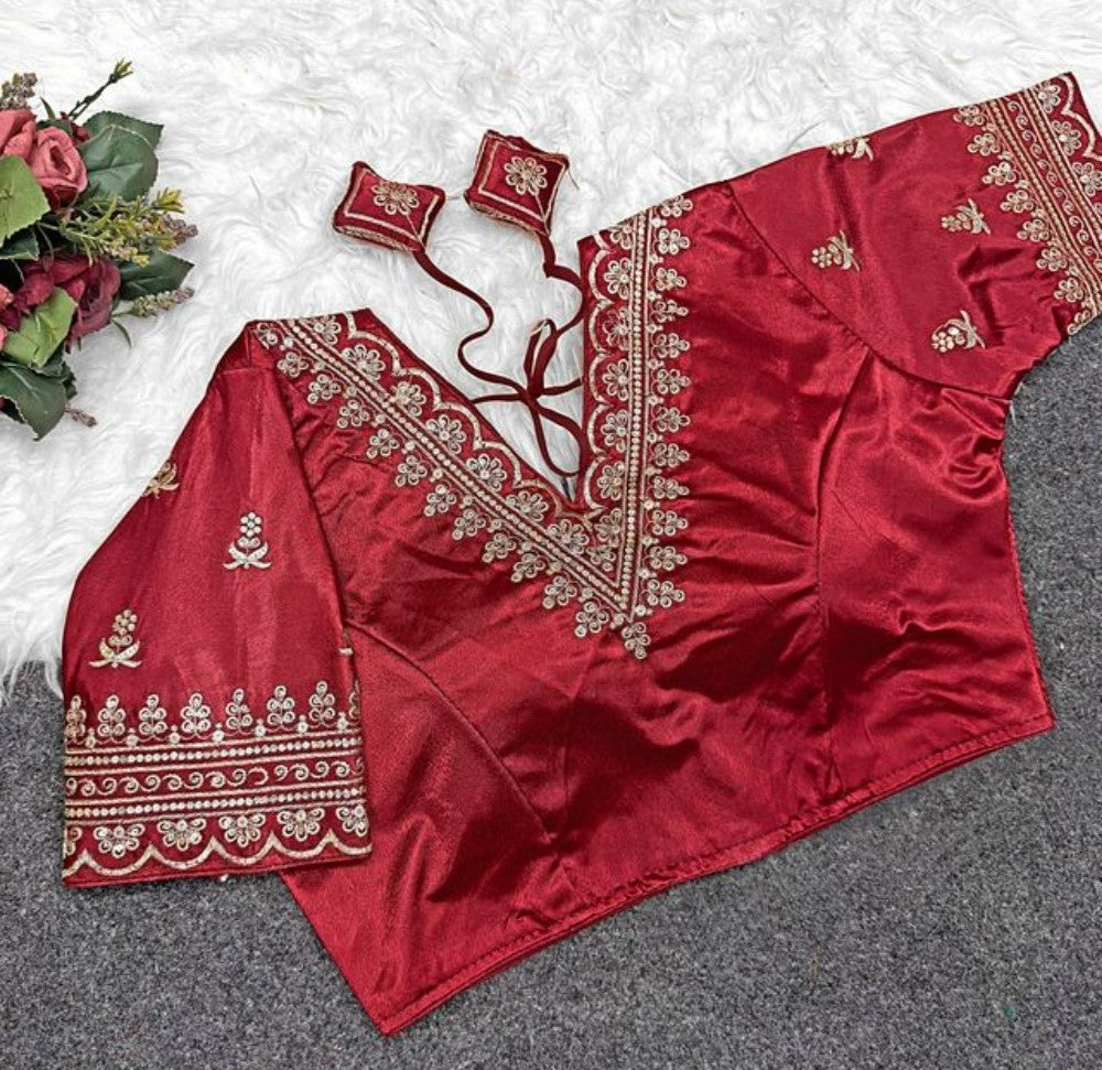 Women's Satin Embroidered Half sleeve V-Neck Padded Readymade Blouse (Maroon, Size 38 - Self-Alterable 36�40)