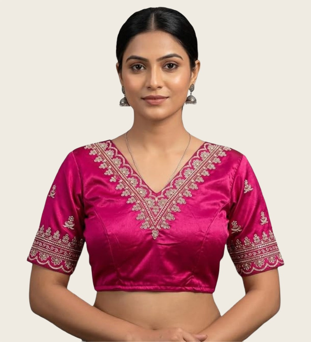 Women's Satin Embroidered Half sleeve V-Neck Padded Readymade Blouse (Pink, Size 38 - Self-Alterable 36�40)