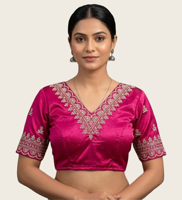 Women's Satin Embroidered Half sleeve V-Neck Padded Readymade Blouse (Pink, Size 38 - Self-Alterable 36�40)
