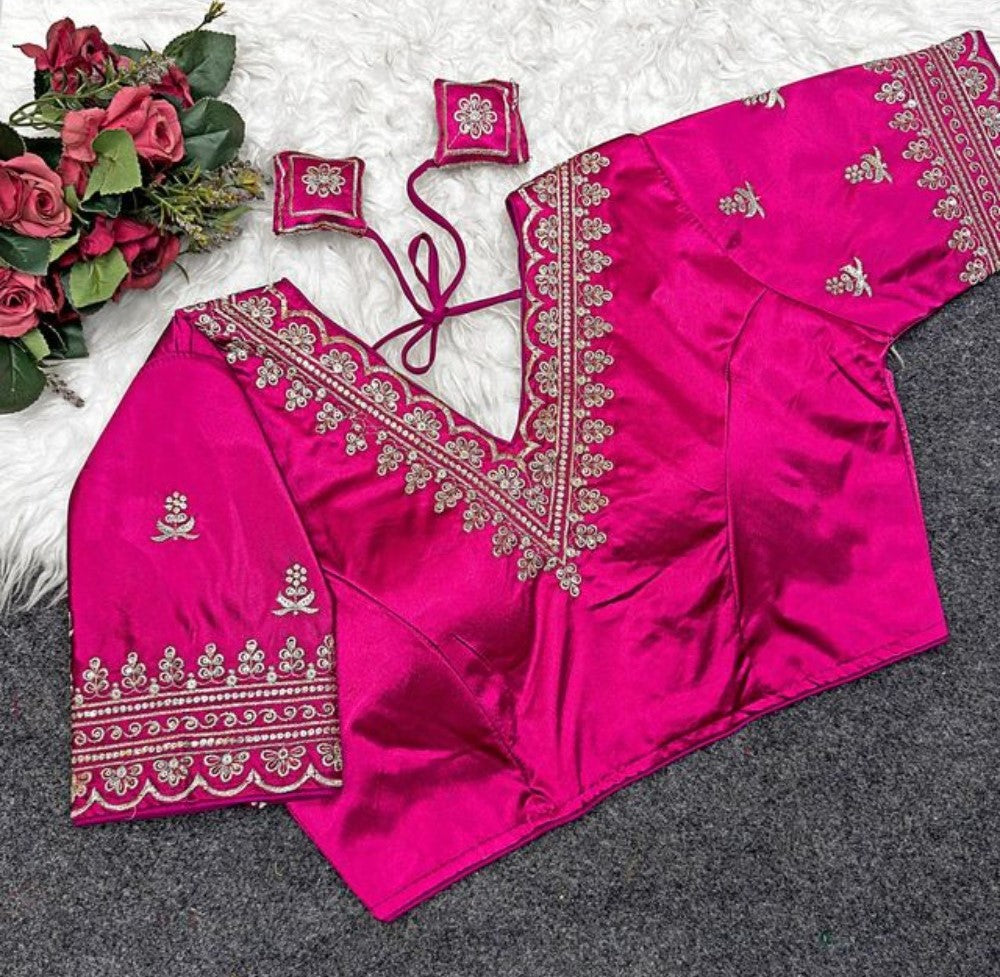 Women's Satin Embroidered Half sleeve V-Neck Padded Readymade Blouse (Pink, Size 38 - Self-Alterable 36�40)