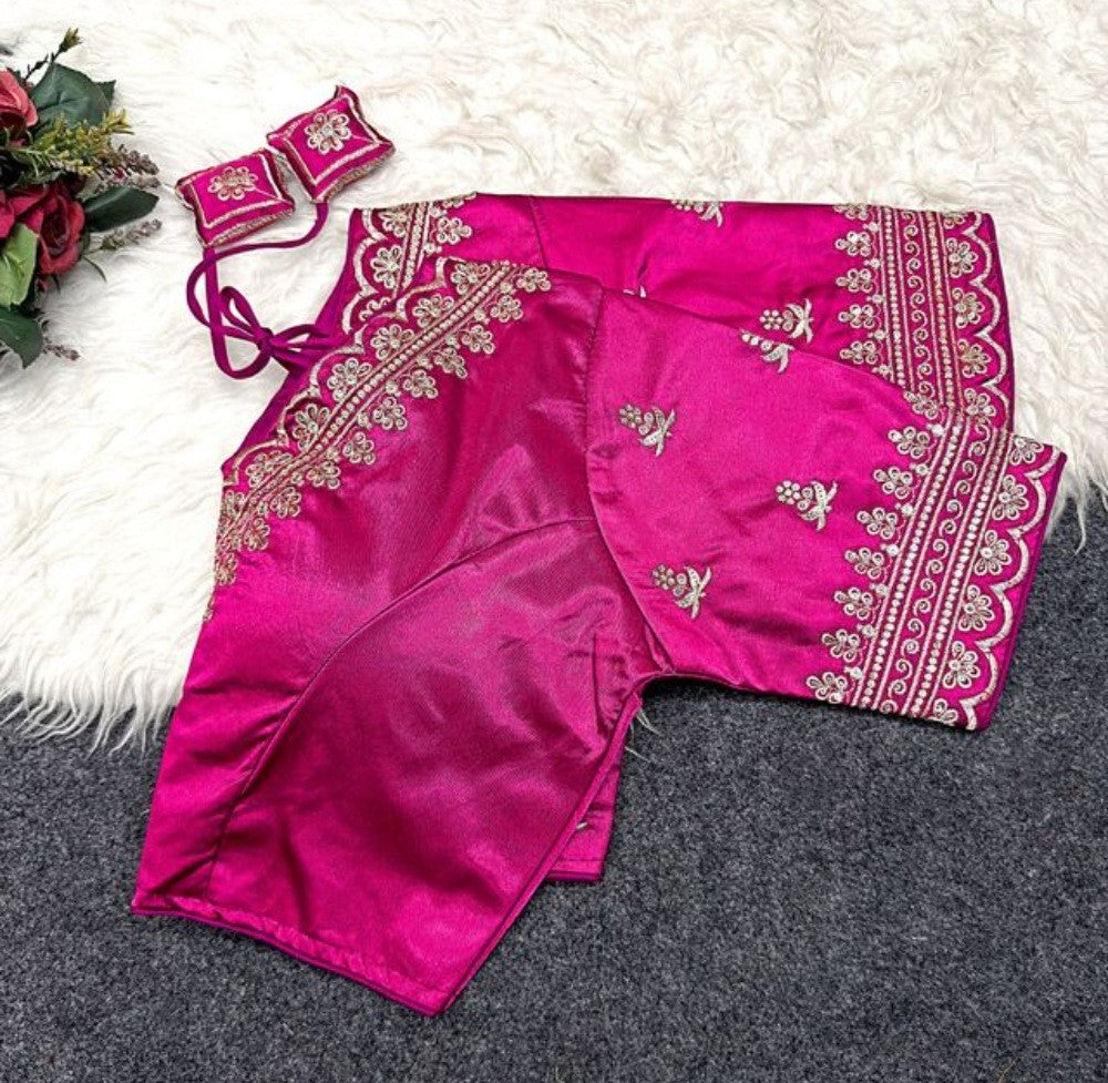 Women's Satin Embroidered Half sleeve V-Neck Padded Readymade Blouse (Pink, Size 38 - Self-Alterable 36�40)