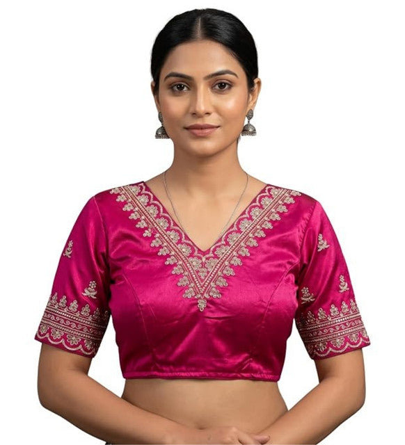 Women's Satin Embroidered Half sleeve V-Neck Padded Readymade Blouse (Pink, Size 38 - Self-Alterable 36�40)