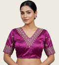 Women's Satin Embroidered Half sleeve V-Neck Padded Readymade Blouse (Purple, Size 38 - Self-Alterable 36�40)