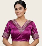 Women's Satin Embroidered Half sleeve V-Neck Padded Readymade Blouse (Purple, Size 38 - Self-Alterable 36�40)