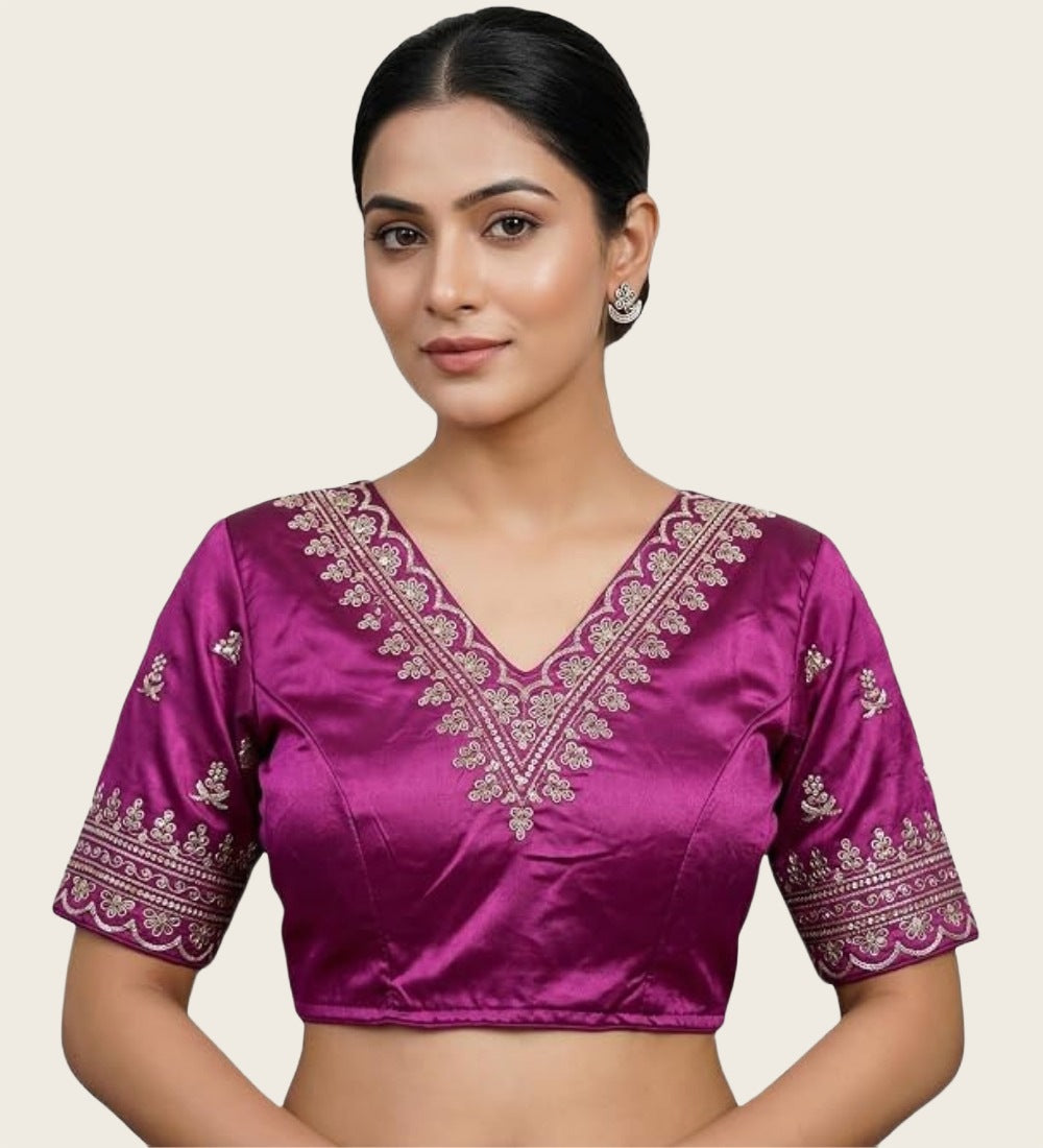 Women's Satin Embroidered Half sleeve V-Neck Padded Readymade Blouse (Purple, Size 38 - Self-Alterable 36�40)