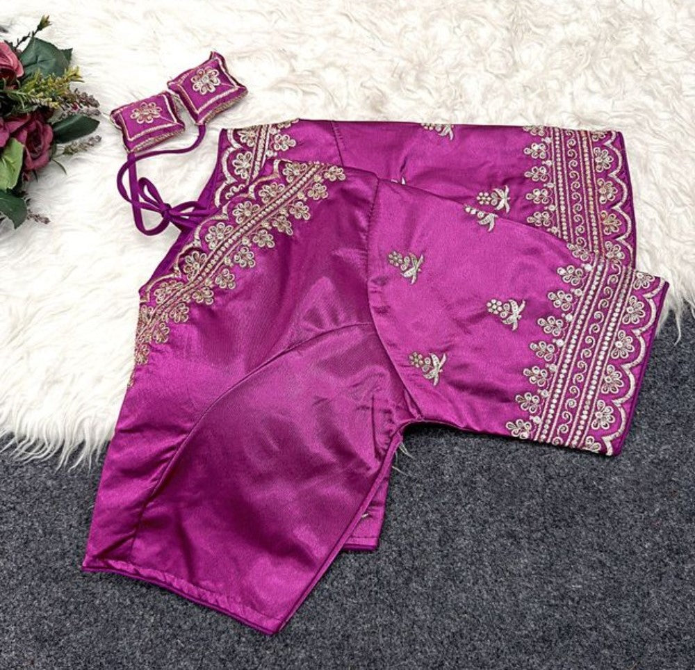 Women's Satin Embroidered Half sleeve V-Neck Padded Readymade Blouse (Purple, Size 38 - Self-Alterable 36�40)