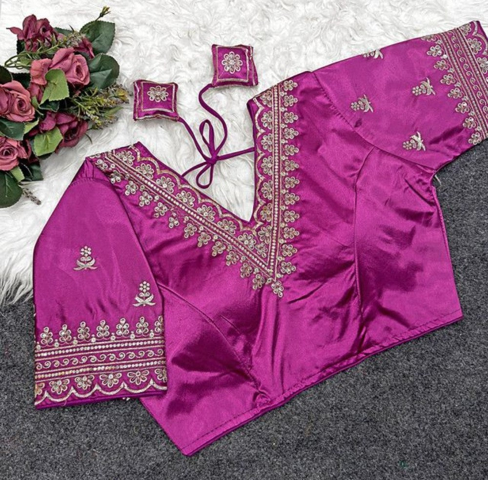Women's Satin Embroidered Half sleeve V-Neck Padded Readymade Blouse (Purple, Size 38 - Self-Alterable 36�40)