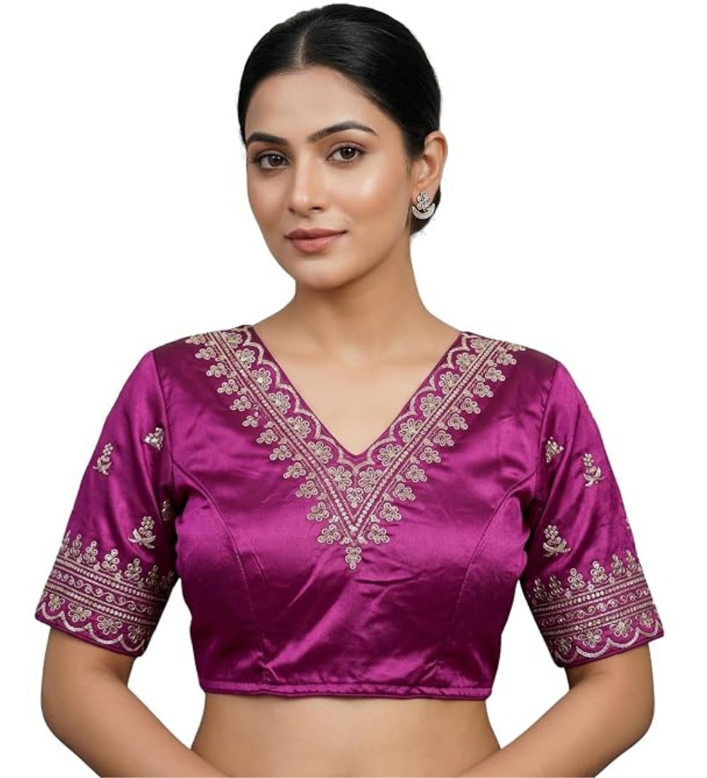 Women's Satin Embroidered Half sleeve V-Neck Padded Readymade Blouse (Purple, Size 38 - Self-Alterable 36�40)