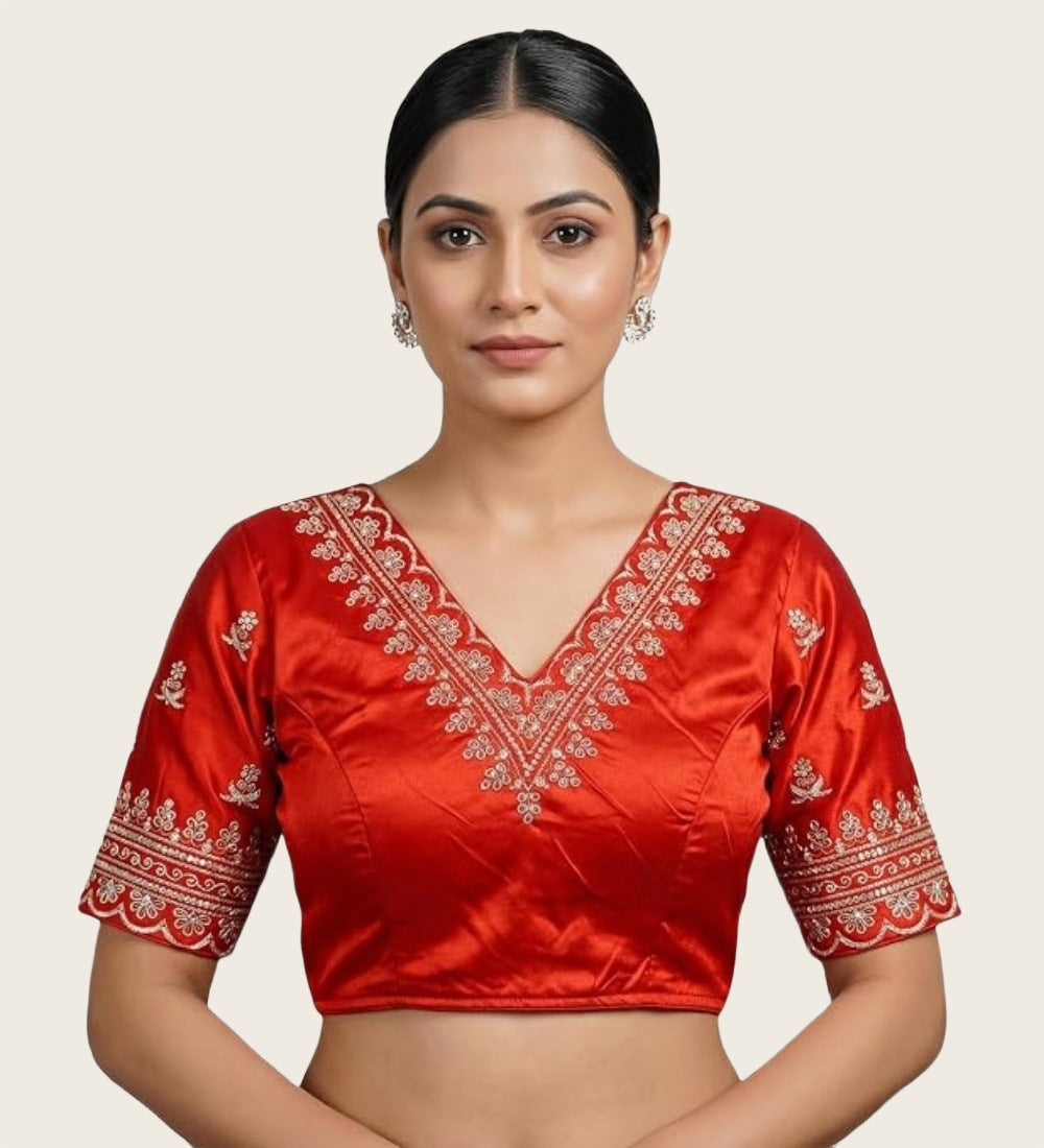 Women's Satin Embroidered Half sleeve V-Neck Padded Readymade Blouse (Red, Size 38 - Self-Alterable 36�40)