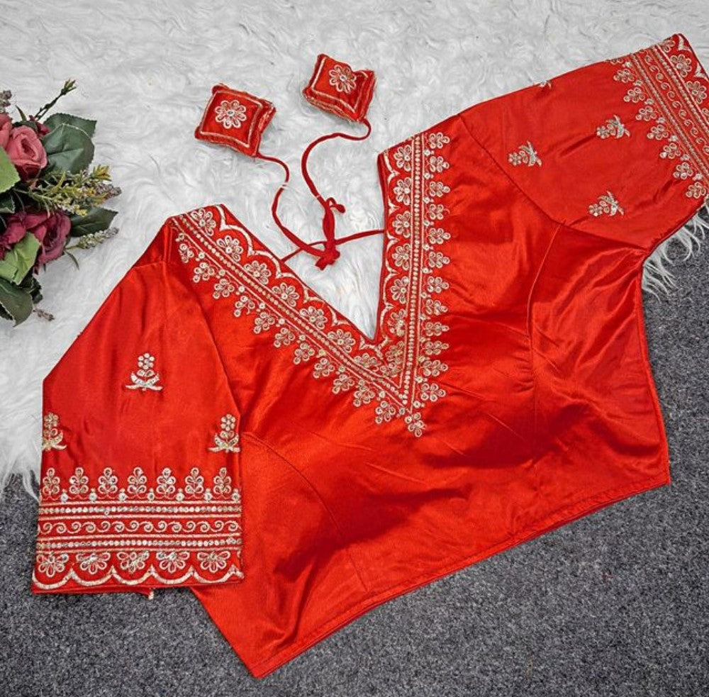 Women's Satin Embroidered Half sleeve V-Neck Padded Readymade Blouse (Red, Size 38 - Self-Alterable 36�40)