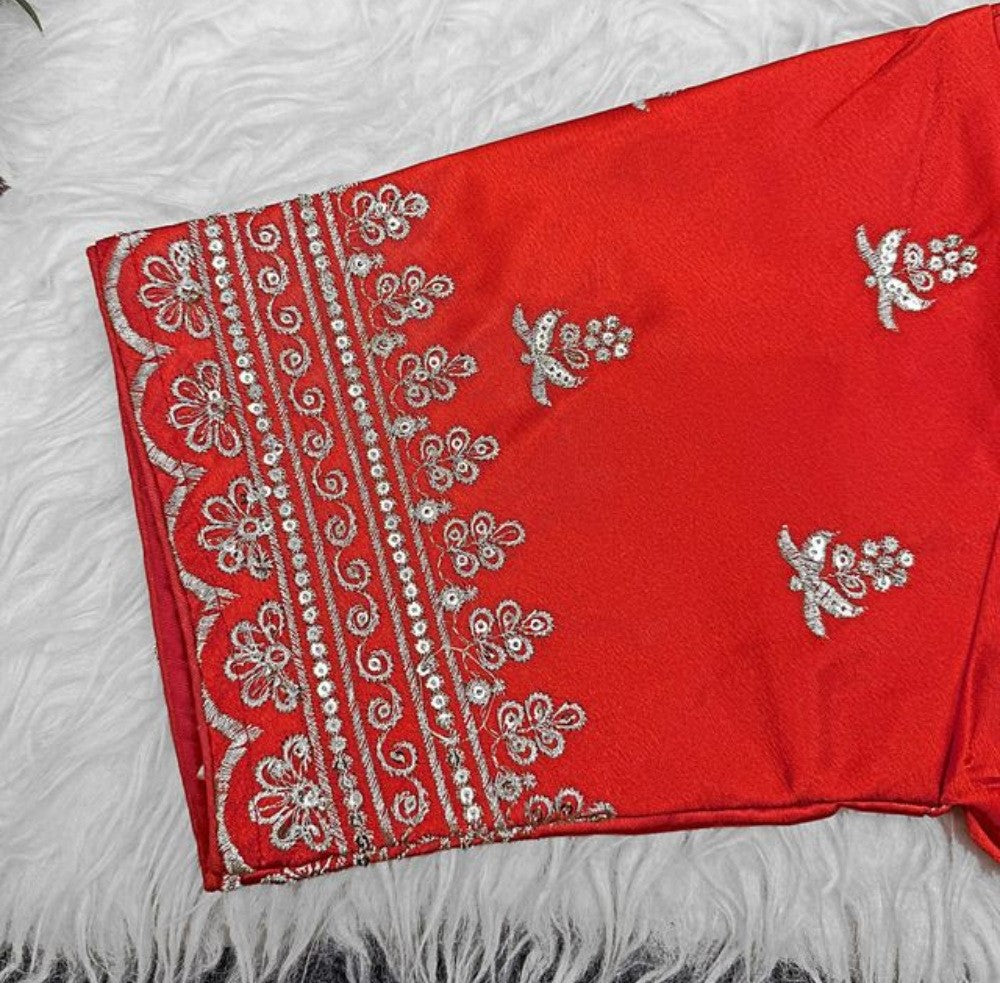 Women's Satin Embroidered Half sleeve V-Neck Padded Readymade Blouse (Red, Size 38 - Self-Alterable 36�40)