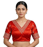 Women's Satin Embroidered Half sleeve V-Neck Padded Readymade Blouse (Red, Size 38 - Self-Alterable 36�40)