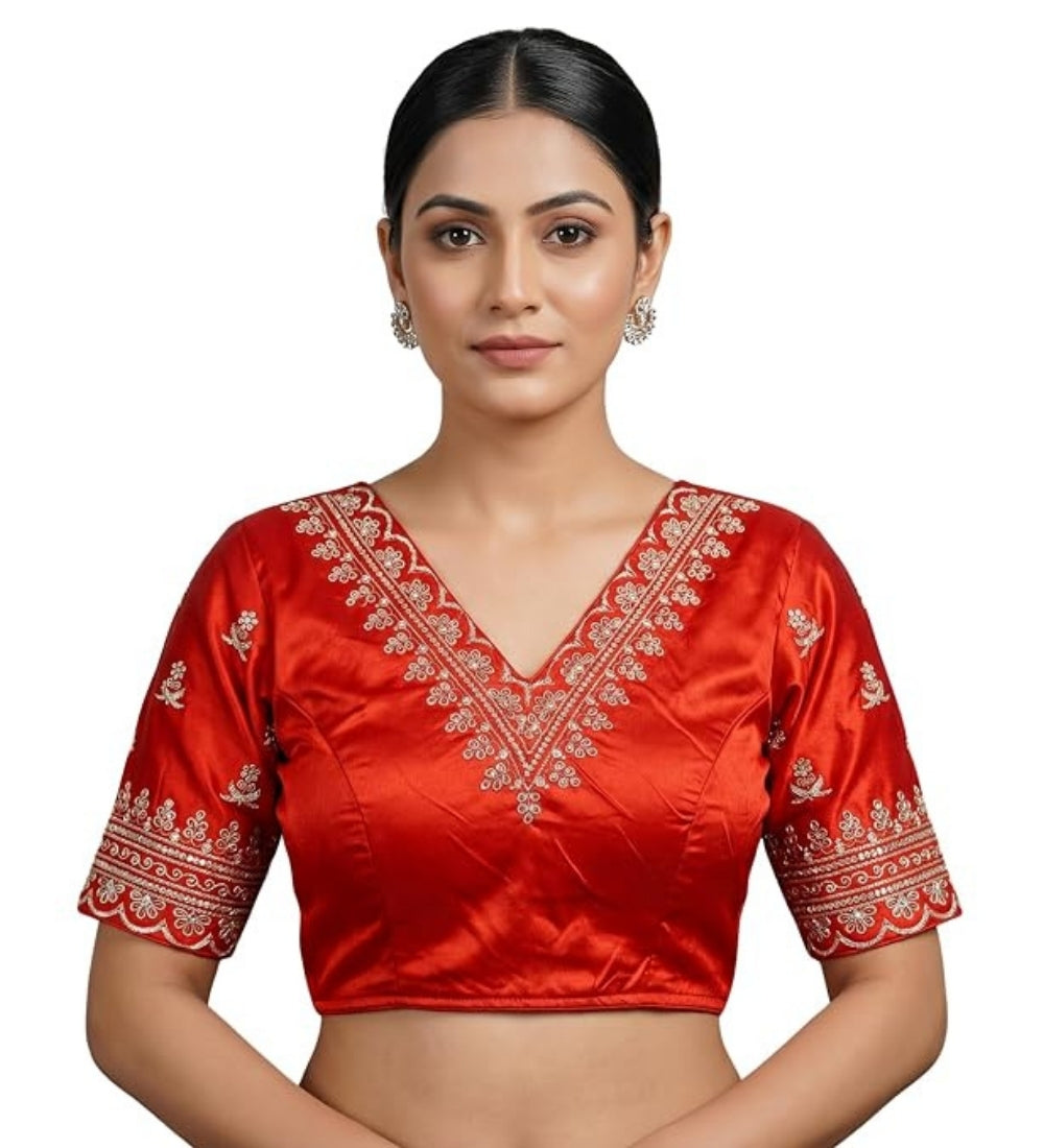 Women's Satin Embroidered Half sleeve V-Neck Padded Readymade Blouse (Red, Size 38 - Self-Alterable 36�40)