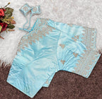 Women's Satin Embroidered Half sleeve V-Neck Padded Readymade Blouse (Sky Blue, Size 38 - Self-Alterable 36�40)