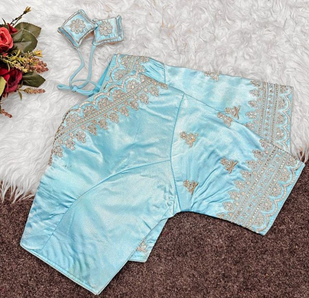 Women's Satin Embroidered Half sleeve V-Neck Padded Readymade Blouse (Sky Blue, Size 38 - Self-Alterable 36�40)