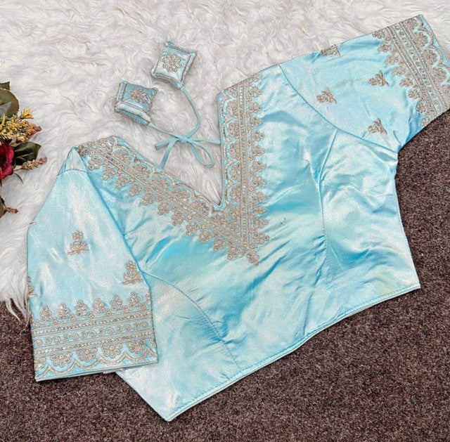 Women's Satin Embroidered Half sleeve V-Neck Padded Readymade Blouse (Sky Blue, Size 38 - Self-Alterable 36�40)