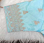 Women's Satin Embroidered Half sleeve V-Neck Padded Readymade Blouse (Sky Blue, Size 38 - Self-Alterable 36�40)