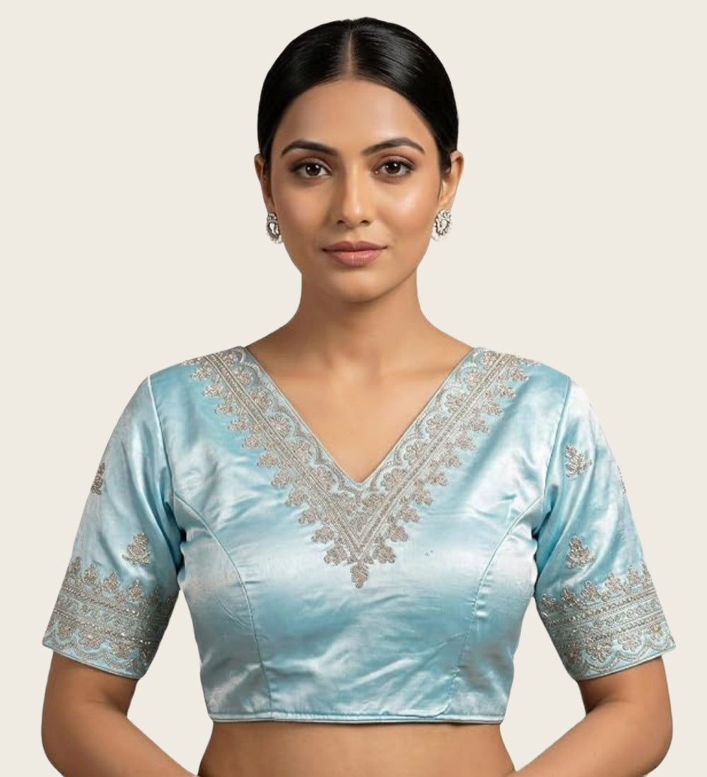 Women's Satin Embroidered Half sleeve V-Neck Padded Readymade Blouse (Sky Blue, Size 38 - Self-Alterable 36�40)