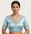 Women's Satin Embroidered Half sleeve V-Neck Padded Readymade Blouse (Sky Blue, Size 38 - Self-Alterable 36�40)
