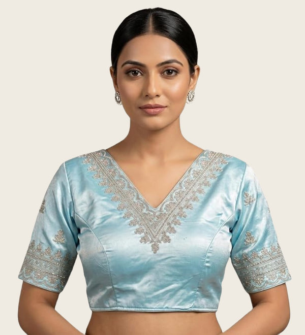 Women's Satin Embroidered Half sleeve V-Neck Padded Readymade Blouse (Sky Blue, Size 38 - Self-Alterable 36�40)