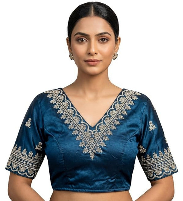 Women's Satin Embroidered Half sleeve V-Neck Padded Readymade Blouse (Teal, Size 38 - Self-Alterable 36�40)