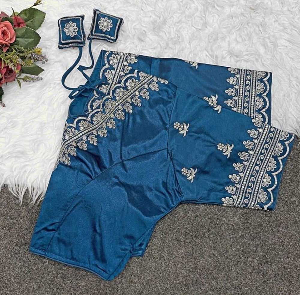 Women's Satin Embroidered Half sleeve V-Neck Padded Readymade Blouse (Teal, Size 38 - Self-Alterable 36�40)