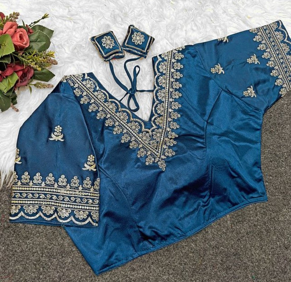 Women's Satin Embroidered Half sleeve V-Neck Padded Readymade Blouse (Teal, Size 38 - Self-Alterable 36�40)