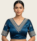 Women's Satin Embroidered Half sleeve V-Neck Padded Readymade Blouse (Teal, Size 38 - Self-Alterable 36�40)