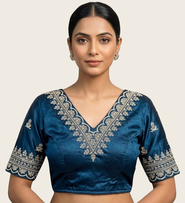 Women's Satin Embroidered Half sleeve V-Neck Padded Readymade Blouse (Teal, Size 38 - Self-Alterable 36�40)