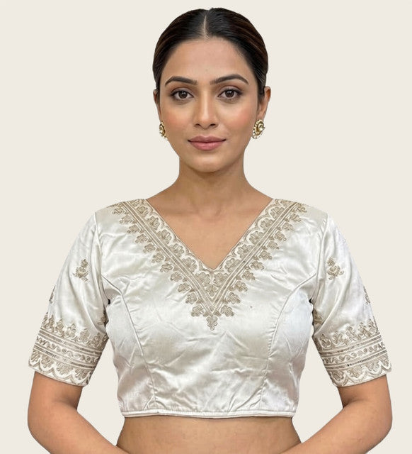Women's Satin Embroidered Half sleeve V-Neck Padded Readymade Blouse (White, Size 38 - Self-Alterable 36�40)