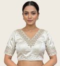 Women's Satin Embroidered Half sleeve V-Neck Padded Readymade Blouse (White, Size 38 - Self-Alterable 36�40)